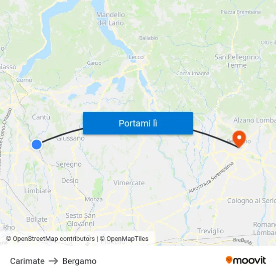 Carimate to Bergamo map