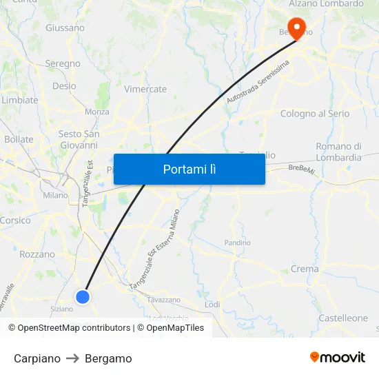 Carpiano to Bergamo map