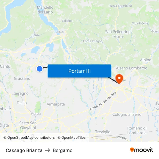 Cassago Brianza to Bergamo map