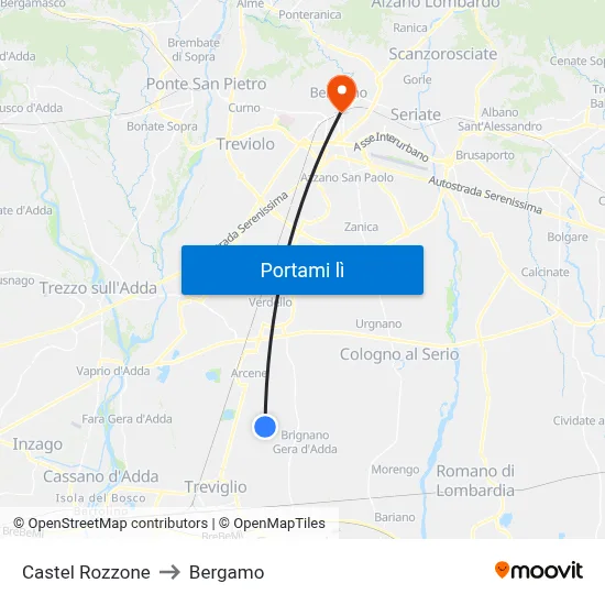 Castel Rozzone to Bergamo map