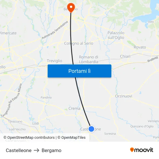 Castelleone to Bergamo map