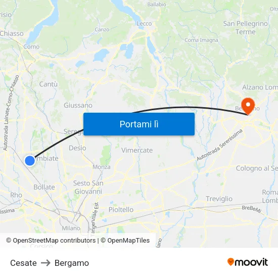 Cesate to Bergamo map