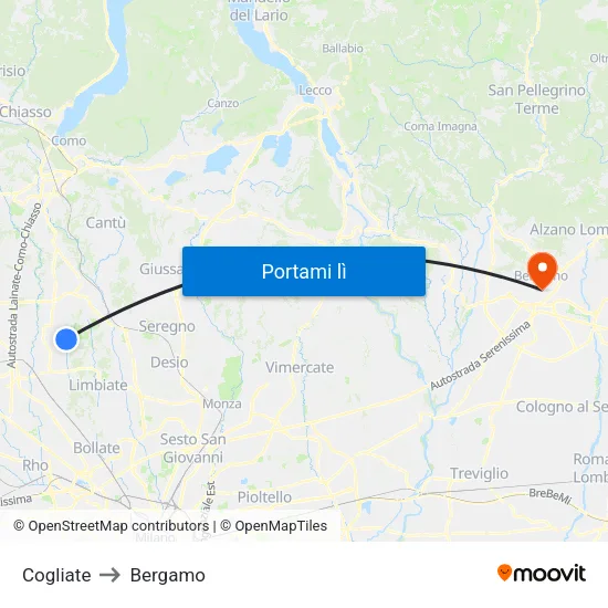 Cogliate to Bergamo map