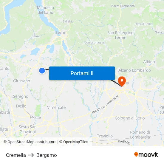 Cremella to Bergamo map