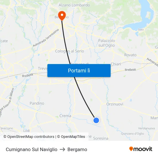 Cumignano Sul Naviglio to Bergamo map
