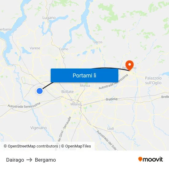 Dairago to Bergamo map