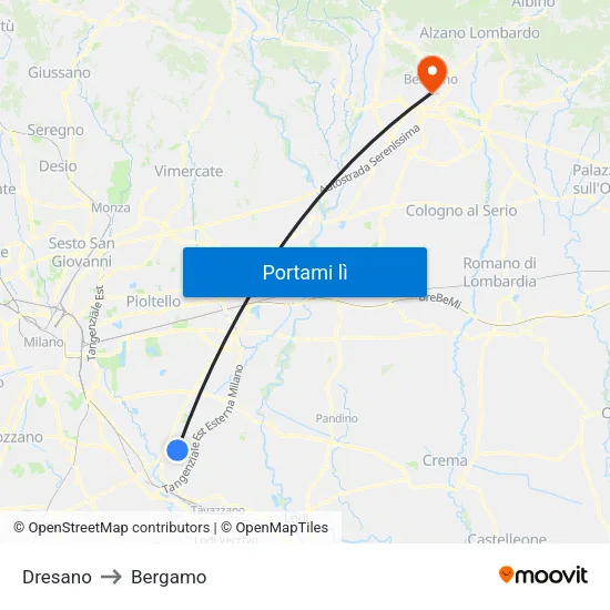 Dresano to Bergamo map