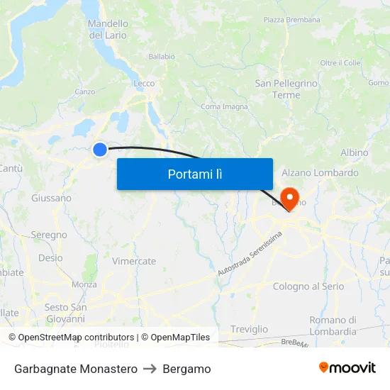Garbagnate Monastero to Bergamo map