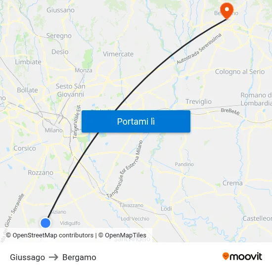Giussago to Bergamo map