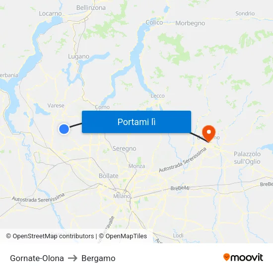 Gornate-Olona to Bergamo map