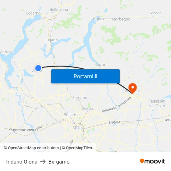 Induno Olona to Bergamo map