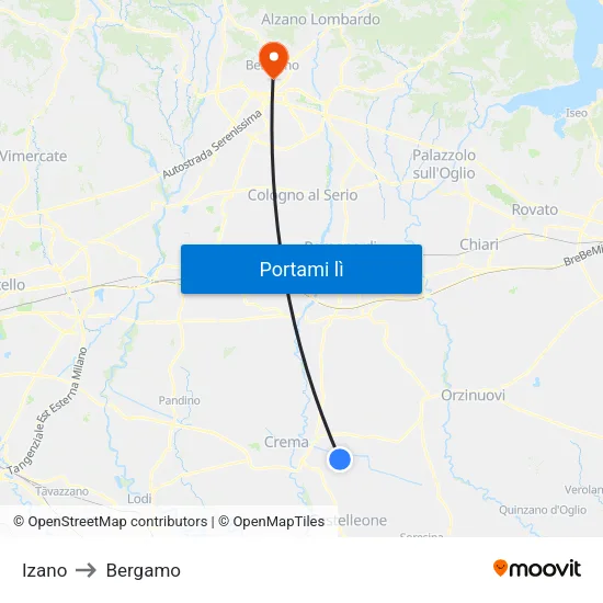 Izano to Bergamo map