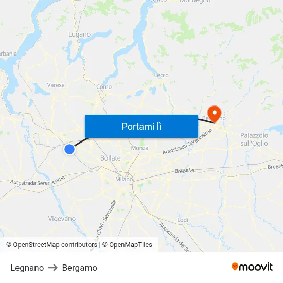 Legnano to Bergamo map