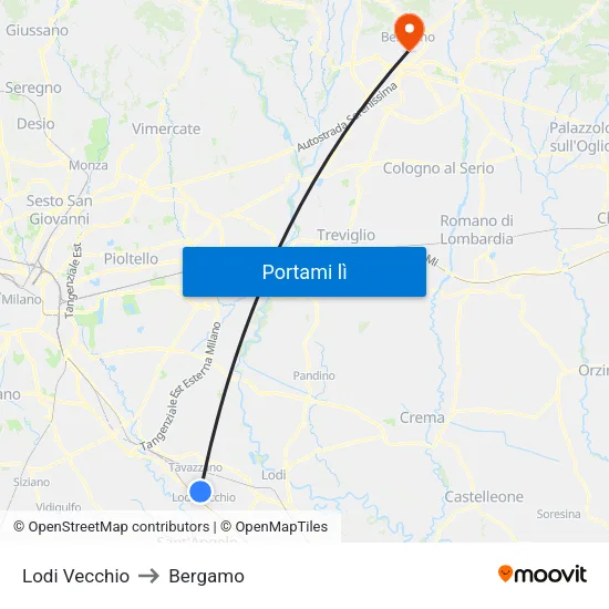 Lodi Vecchio to Bergamo map