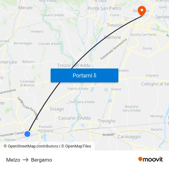 Melzo to Bergamo map