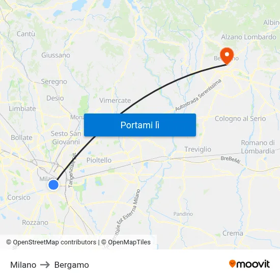 Milano to Bergamo map