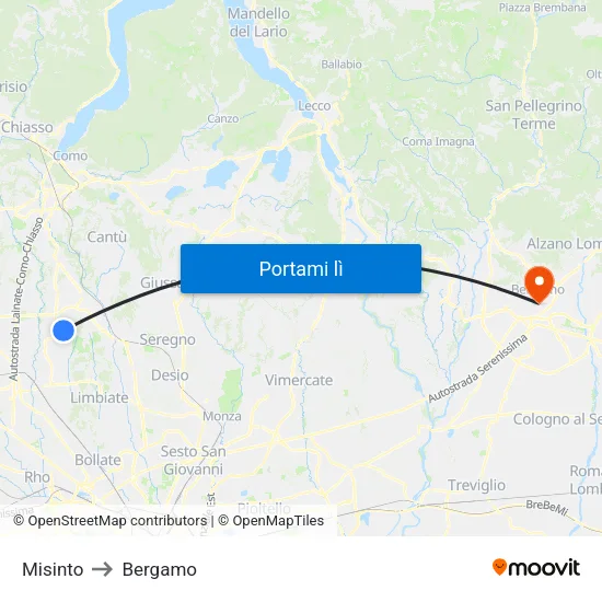 Misinto to Bergamo map