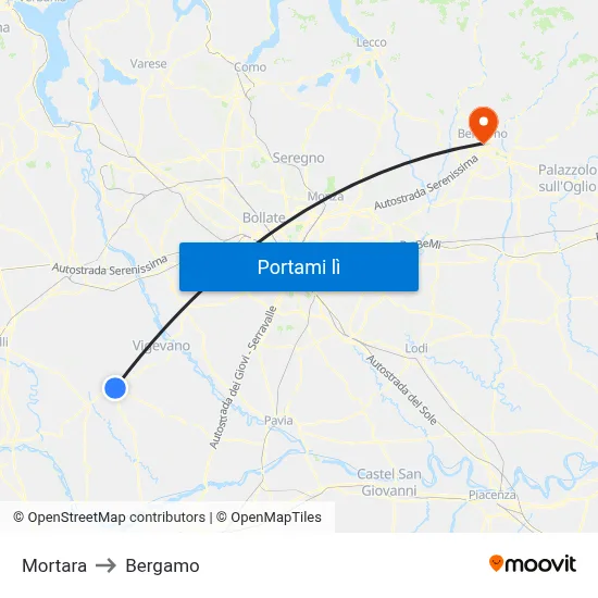 Mortara to Bergamo map
