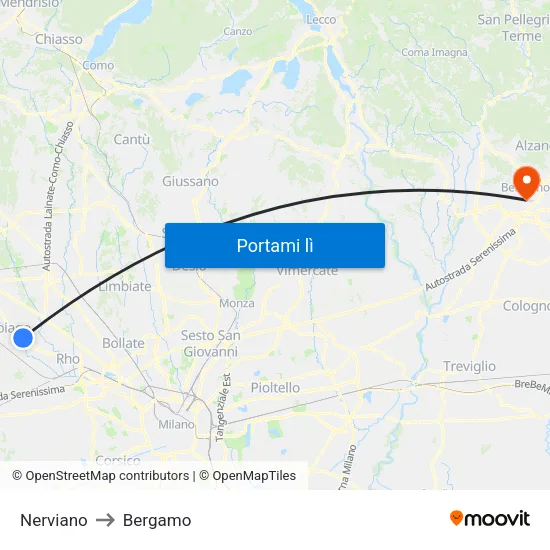 Nerviano to Bergamo map