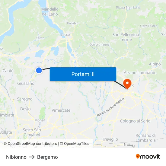 Nibionno to Bergamo map