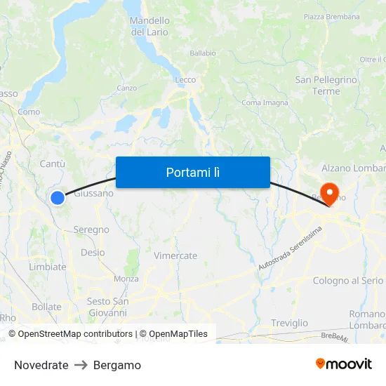 Novedrate to Bergamo map