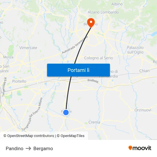 Pandino to Bergamo map