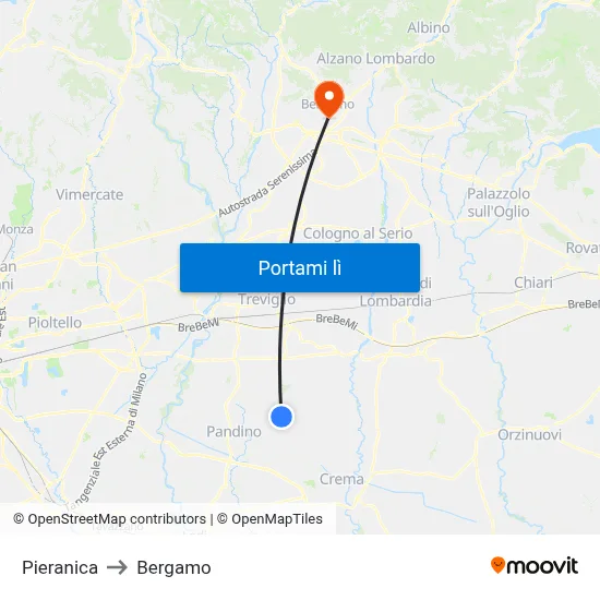 Pieranica to Bergamo map