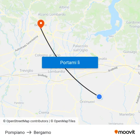 Pompiano to Bergamo map