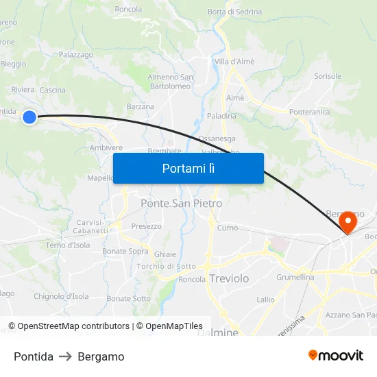 Pontida to Bergamo map