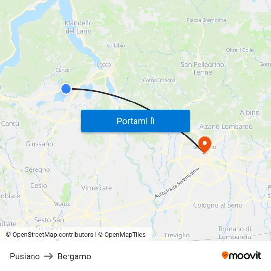 Pusiano to Bergamo map