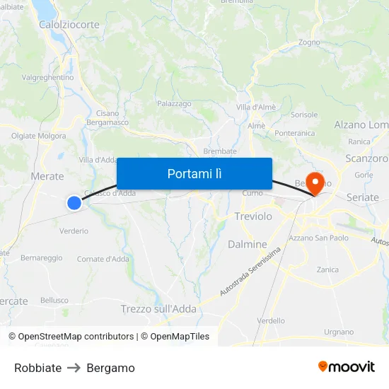 Robbiate to Bergamo map