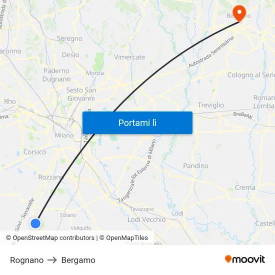 Rognano to Bergamo map