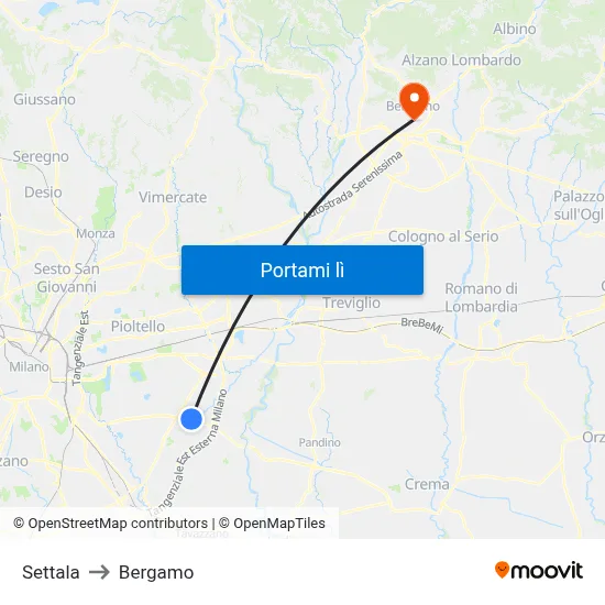 Settala to Bergamo map