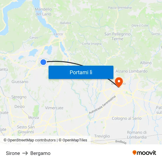 Sirone to Bergamo map