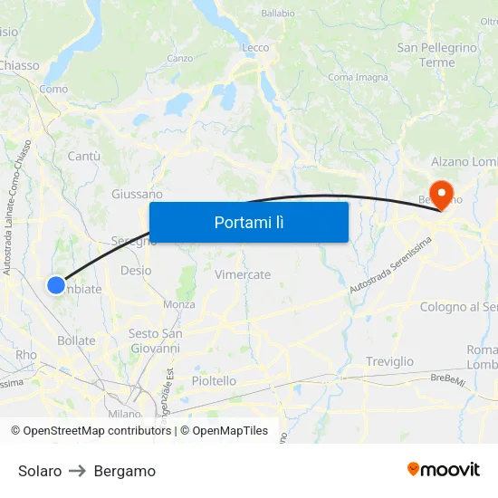 Solaro to Bergamo map