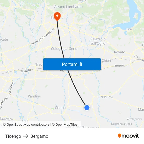 Ticengo to Bergamo map