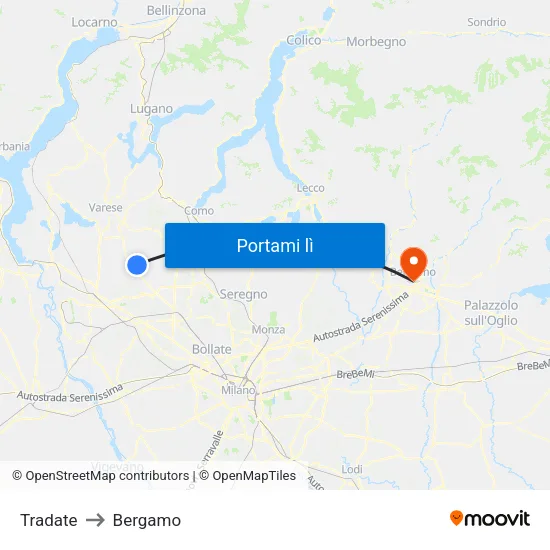 Tradate to Bergamo map