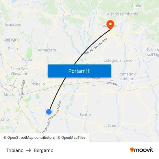 Tribiano to Bergamo map
