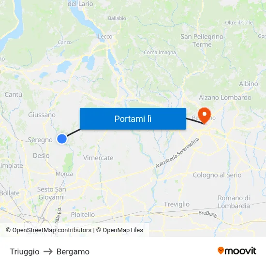 Triuggio to Bergamo map