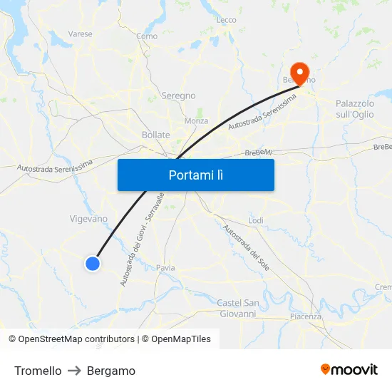 Tromello to Bergamo map