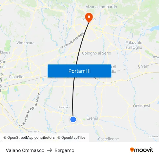 Vaiano Cremasco to Bergamo map