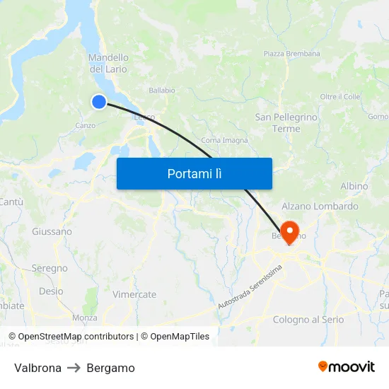 Valbrona to Bergamo map