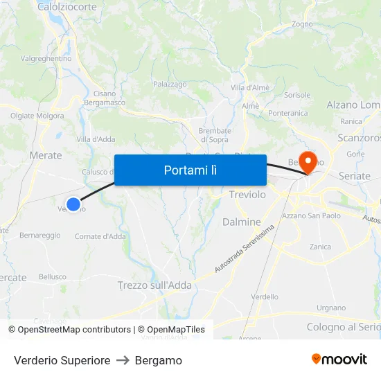 Verderio Superiore to Bergamo map
