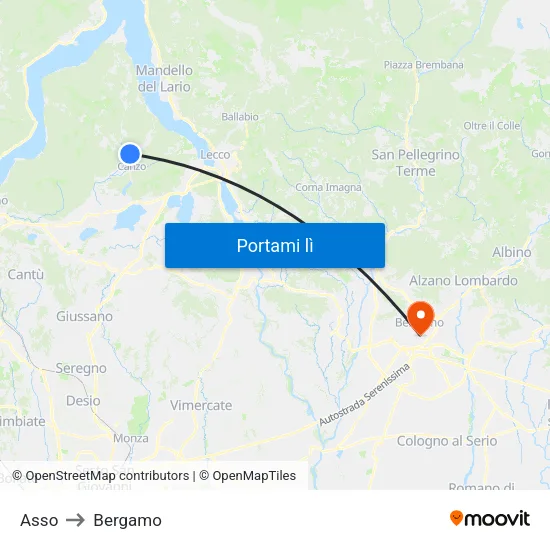 Asso to Bergamo map