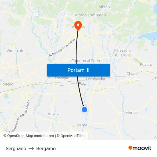 Sergnano to Bergamo map