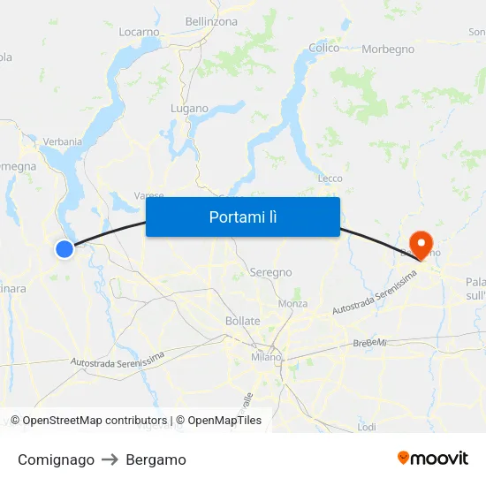 Comignago to Bergamo map