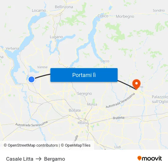 Casale Litta to Bergamo map