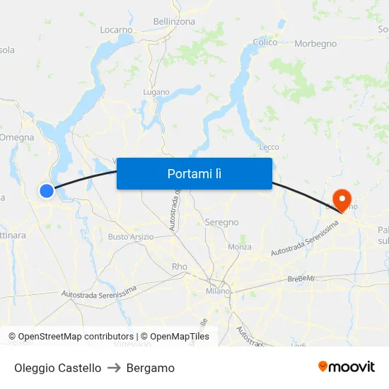 Oleggio Castello to Bergamo map