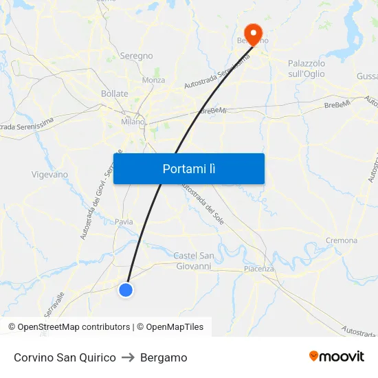 Corvino San Quirico to Bergamo map