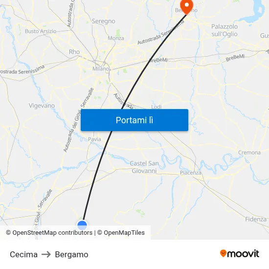 Cecima to Bergamo map